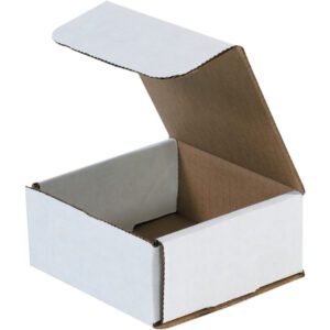 The MH-USA 4 3/8 x 4 3/8 x 2 white corrugated mailer, with a partially opened lid revealing its brown interior, is a simple rectangular box used for packaging or storage, bundled conveniently in sets of 50.