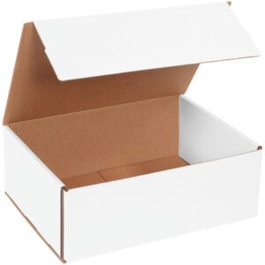 The MH-USA 11 x 8 x 4 white corrugated mailers boast a sturdy brown interior and an open lid, ideal for packaging or storage. Sold in bundles of 50, they ensure reliability and strength for your mailing needs.