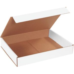 A high-angle view shows an open MH-USA 12 x 9 x 2 white corrugated mailer. The partially open lid reveals the brown interior, highlighting its simplicity and efficiency for packaging or shipping needs. Available in bundles of 50 for optimal mailing solutions.