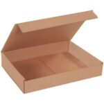 An open, empty 12 x 9 x 2 Kraft Corrugated Mailer with a partially lifted lid reveals its matte interior. Part of a bundle of 50, it sits elegantly on a plain white background.