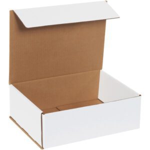 An open MH-USA 12 x 9 x 4 White Corrugated Mailer (50/Bundle) reveals a natural brown interior against a plain white background, showcasing its spacious, empty inside.