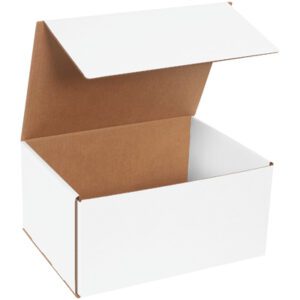 An open MH-USA 12 x 9 x 6 white corrugated mailer, part of a 50/bundle package, is shown with a brown interior and partially open lid on a plain white background.