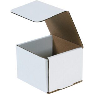 An open white cardboard box with a hinged lid displays its brown interior against a plain backdrop, as the MH-USA 4 3/8 x 4 3/8 x 3 1/2 White Corrugated Mailers (50/Bundle) lies empty.
