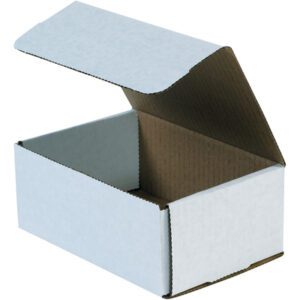 The MH-USA 7 1/8 x 5 x 3 White Corrugated Mailers (50/Bundle) are shown with a partially open lid, revealing a brown interior against a white background and are crafted for durability.