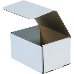 A white MH-USA 6 1/2 x 4 7/8 x 3 3/4 Corrugated Mailer, partially open to show its brown interior, sits against a white background.