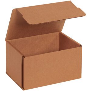 The sturdy 6 1/2 x 4 7/8 x 3 3/4 Kraft Corrugated Mailer, with its top lid open to show the empty interior, is perfect for storage or shipping. Set against a plain white background, it comes in convenient bundles of 50.