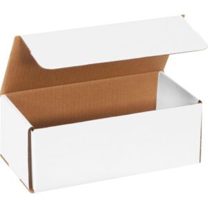 The MH-USA white corrugated mailer, with a size of 10 x 4 7/8 x 3 3/4 inches, features a sturdy brown interior. Perfect for shipping, this rectangular box is sold in bundles of 50, offering durability and protection for your items.
