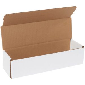 An open MH-USA 12 x 3 1/2 x 3 White Corrugated Mailer, revealing an empty interior, rests on a white surface. This elongated box is part of a 50-piece bundle.