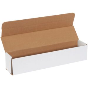 The image shows an open cardboard box with a white exterior and brown interior, revealing a spacious inside perfect for long, narrow items—much like the MH-USA 17 1/2 x 3 1/2 x 3 1/2 White Corrugated Mailers available in bundles of fifty.