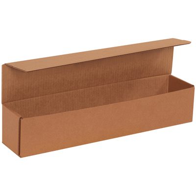 MLR84K.jpg An open 17 1/2 x 3 1/2 x 3 1/2 Kraft Corrugated Mailer reveals its spacious interior, ideal for versatile packaging. This durable box is shown against a white backdrop, available in bundles of 50.