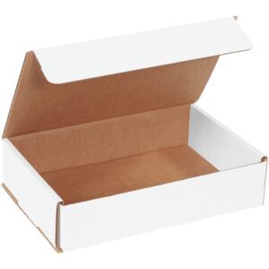 An MH-USA 9 x 6 x 2 White Corrugated Mailer, from a bundle of 50, is displayed open against a plain white background. The box features a white exterior and brown interior, with the lid partially raised to show its emptiness, facing right.
