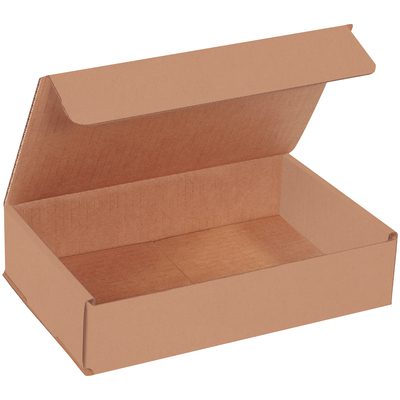 MLR962K.jpg The 9 x 6 x 2 Kraft Corrugated Mailers (50/Bundle) feature an open, partially lifted lid showing an empty interior. These sturdy, rectangular brown cardboard boxes are perfect for shipping or storage.