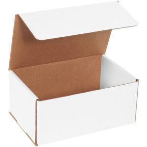 A partially open MH-USA 9 x 6 x 4 white corrugated mailer, with a brown interior, is displayed on a plain white background. The boxs clean and simple design provides easy access thanks to its lifted lid. Sold in bundles of 50.