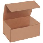 An empty 9 x 6 x 4 Kraft Corrugated Mailer from a bundle of 50 stands open with flaps raised against a white background, showcasing its spacious and sturdy interior ready for packaging needs.