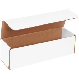 A rectangular MH-USA 11 1/2 x 3 1/2 x 3 1/2 White Corrugated Mailer with an open lid exposes a plain brown interior against a pristine white background.