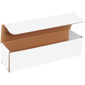 Open MH-USA 13 1/2 x 3 1/2 x 3 1/2 white corrugated mailer with flip-top lid, revealing natural brown interior. Rectangular box on white background; ideal for versatile packaging. Available in bundles of 50.