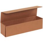 A horizontally placed open Kraft Corrugated Mailer, measuring 13.5 x 3.5 x 3.5, is empty and set against a white background, ideal for efficient shipping.