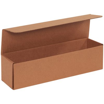 MLRBLK.jpg A horizontally placed open Kraft Corrugated Mailer, measuring 13.5 x 3.5 x 3.5, is empty and set against a white background, ideal for efficient shipping.