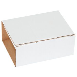 A white, rectangular cardboard box with a simple surface, placed corner-first, mimics the compact and efficient design of MH-USA 5 5/8 x 5 x 2 9/16 White CD Mailers (50/Bundle).