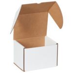 An MH-USA 7 5/8 x 6 x 5 7/16 White DVD Mailer (50/Bundle) box, open with flaps partially extended, features a sleek white exterior and contrasting brown interior against a plain white backdrop.