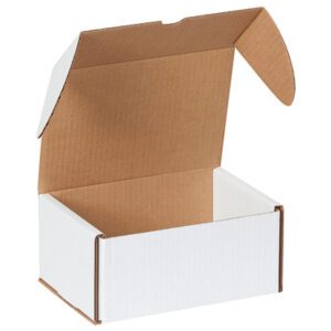 An open MH-USA 7 5/8 x 5 7/16 x 3 9/16 white corrugated DVD mailer box with a brown interior and outward flaps sits empty against a plain background, ideal for efficient mailing (50/bundle).