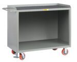 The Little Giant Mobile Bench Cabinets are gray utility carts with open storage, a convenient handle, four red caster wheels for easy mobility, and a flat top surface ideal for storing or transporting items.