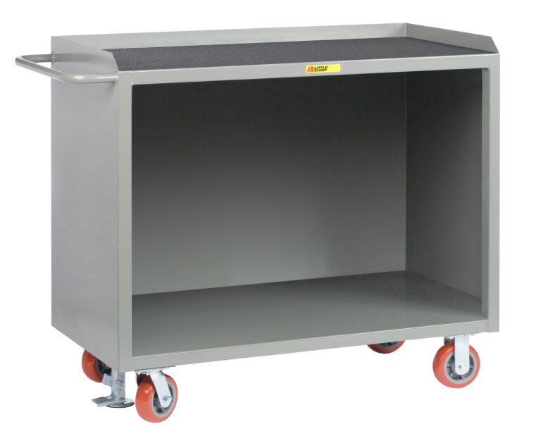 The Little Giant Mobile Bench Cabinets are gray utility carts with open storage, a convenient handle, four red caster wheels for easy mobility, and a flat top surface ideal for storing or transporting items.