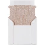 Brown sandpaper sheets peeking out of a white open envelope mirror the MH-USA 5 1/8 x 5 Foam Lined White CD Mailers (100/Case) in their robust design and protective features, emphasizing the rough texture of their abrasive surface.