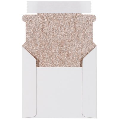 MM1150.jpg Brown sandpaper sheets peeking out of a white open envelope mirror the MH-USA 5 1/8 x 5 Foam Lined White CD Mailers (100/Case) in their robust design and protective features, emphasizing the rough texture of their abrasive surface.