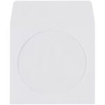The MH-USA 4 7/8 x 5 Paper Windowed White CD/DVD Sleeves feature a round transparent center to display the disc, a plain design with a top flap for secure closure, and are sold in cases of 500, making them ideal for bulk storage or distribution.
