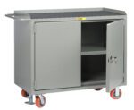 The Little Giant Mobile Bench Cabinets with Locking Doors have a gray metal design, flat top, interior shelf, and two locking doors. Four red caster wheels and a side handle provide mobility and secure storage.