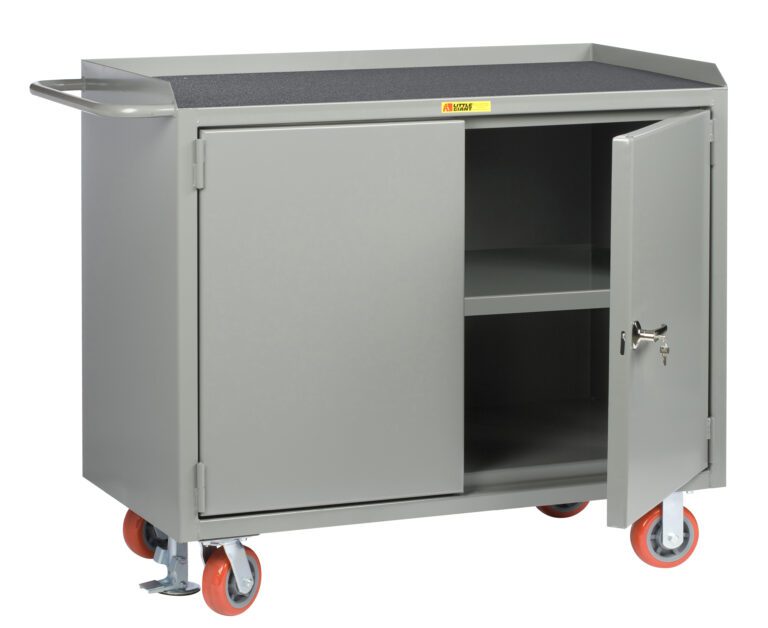 The Little Giant Mobile Bench Cabinets with Locking Doors have a gray metal design, flat top, interior shelf, and two locking doors. Four red caster wheels and a side handle provide mobility and secure storage.