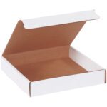 An open, empty cardboard pizza box viewed from a slight angle resembles the MH-USA 7 3/8 x 7 3/8 x 1 3/8 White Literature Mailers, with its white exterior contrasting against the brown interior. The lid is partially open with a simple, undecorated design.