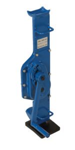This sturdy blue Vestil Mechanical Machinery Jack with a handle and black base is labeled SWL 5000 KG and Mechanical Jack, standing upright for heavy lifting with its metal construction.