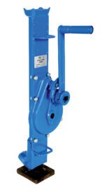 The Vestil Mechanical Machinery Jack W/ 1.5 Ton Cap is blue and metal with a crank handle and sturdy base, ideal for lifting heavy objects. Its industrial-grade build features a labeled side and secure bolts, ensuring reliability for demanding tasks.