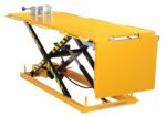 The Vestil Manual Hydraulic Motorcycle Lift 1100 Lb includes a yellow scissor mechanism and a convenient control box. Bold black and yellow safety stripes on the sturdy supports ensure reliable lifting for up to 1100 pounds.