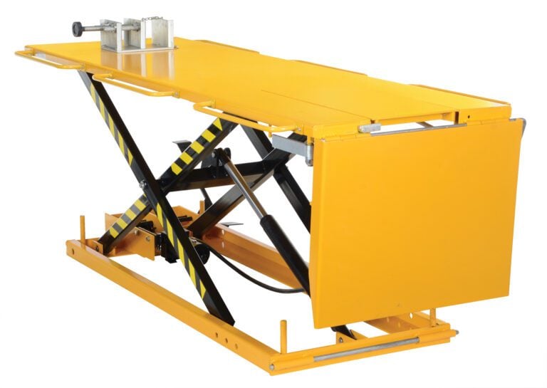 The Vestil Manual Hydraulic Motorcycle Lift 1100 Lb includes a yellow scissor mechanism and a convenient control box. Bold black and yellow safety stripes on the sturdy supports ensure reliable lifting for up to 1100 pounds.