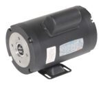 The Vestil Single Phase 3/4 or 2 HP motor is a sleek black cylinder with a metal mounting plate on one end. It features a blue label for specifications, a small rubber cover on top, and a flat base for mounting at the bottom.