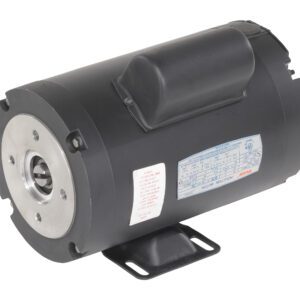 The Vestil Single Phase 3/4 or 2 HP motor is a sleek black cylinder with a metal mounting plate on one end. It features a blue label for specifications, a small rubber cover on top, and a flat base for mounting at the bottom.