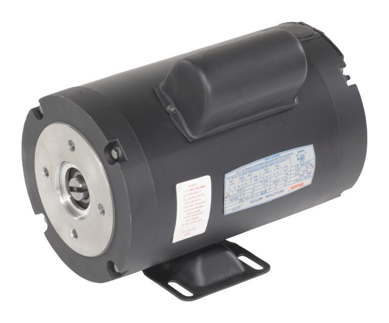 The Vestil Single Phase 3/4 or 2 HP motor is a sleek black cylinder with a metal mounting plate on one end. It features a blue label for specifications, a small rubber cover on top, and a flat base for mounting at the bottom.