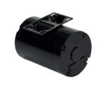 This black cylindrical metal item, a Vestil 575/660V Motor/Transformer for a 2Hp unit, features a bracket on top. Its smooth surface with bolts and a protruding circular section on one end highlights its mechanical precision and robust design.
