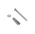 A close-up image features parts from the Vestil Modular Guard Mounting Kit-Mpg-T & Mpg-L, including a hexagonal-head metal screw, a ridged wall anchor, and a circular washer, all displayed against a white background.