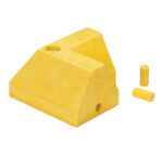 A yellow plastic design, similar to the Vestil Modular Guard Curb - L-Section, has holes on the top and side with two small yellow cylinders on the right.