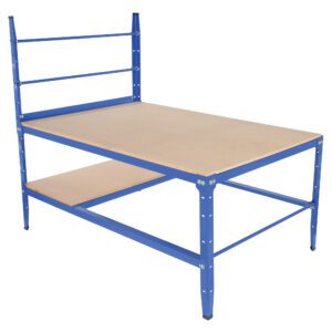 The Vestil Multi-Purpose Packaging Work Bench features a blue metal frame, a large beige tabletop, an extra smaller shelf for storage, and horizontal bars on one side for organization and support.