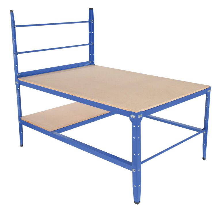 MPPB-4794_A.jpg The Vestil Multi-Purpose Packaging Work Bench features a blue metal frame, a large beige tabletop, an extra smaller shelf for storage, and horizontal bars on one side for organization and support.