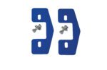Two blue metal brackets with square cutouts, similar to a Vestil Bridge Kit/Multi-Purpose Ramp 8 In Wide, are paired with bolts and nuts. They are placed symmetrically on a white background, highlighting their potential as ramp components.