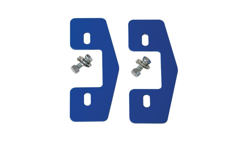 Two blue metal brackets with square cutouts, similar to a Vestil Bridge Kit/Multi-Purpose Ramp 8 In Wide, are paired with bolts and nuts. They are placed symmetrically on a white background, highlighting their potential as ramp components.