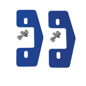 Two blue metal brackets with square cutouts, similar to a Vestil Bridge Kit/Multi-Purpose Ramp 8 In Wide, are paired with bolts and nuts. They are placed symmetrically on a white background, highlighting their potential as ramp components.