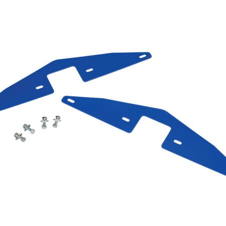 These blue, angular metal brackets with geometric cutouts and mounting holes include a full set of screws. They are ideal for assembling the Vestil Bridge Kit/Multi-Purpose Ramp 24 In Wide or enhancing your ramp.