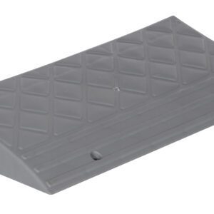 A gray rubber wheel chock with a diamond-patterned surface and a sloped design, featuring securing holes to stop vehicle rolling, shares the rugged design of the Vestil High Impact Multi-Purpose Ramp 23X10.5.
